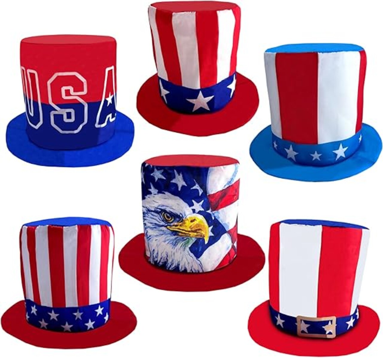 6 Pack 4th of July American Flag Top Hats – Patriotic Red White Blue Party Hats for Adults, Independence Day Memorial Day Parade Costume Accessories